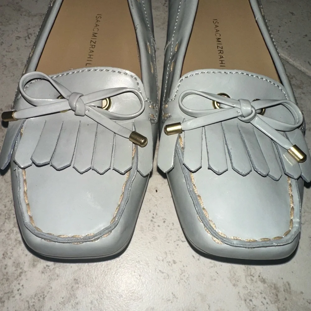Patent Leather Gray Loafers‎ with Bow and Fringe Details Preppy Boho Size 8